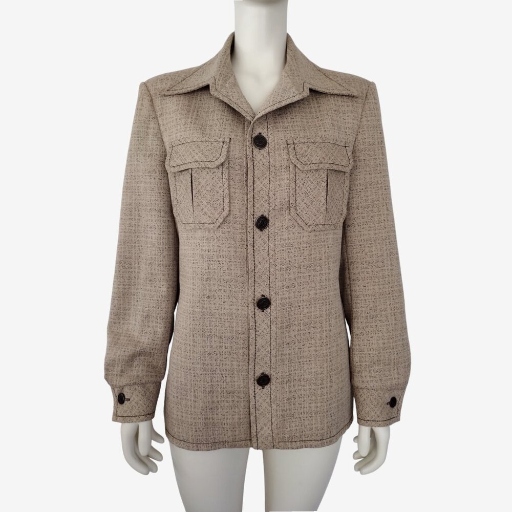 Vintage 1970s Tan Knit Dagger Collar Button Down Casual Leisure Jacket 38R
